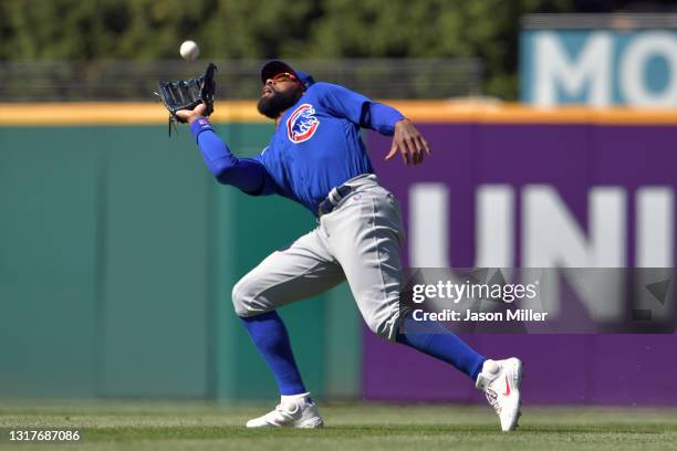 Right fielder Jason Heyward of the Chicago Cubs catches a fly ball hit by Cesar Hernandez of the Cleveland Indians during the eighth inning at...