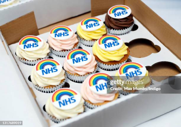 Decorated cupcakes seen during a visit by Prince Edward, Earl of Wessex and Sophie, Countess of Wessex to Frimley Park Hospital to mark International...