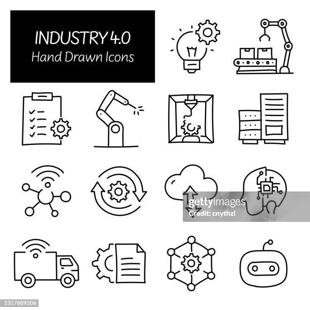 industry 4.0 related hand drawn icons, doodle elements vector illustration - cad computer stock illustrations