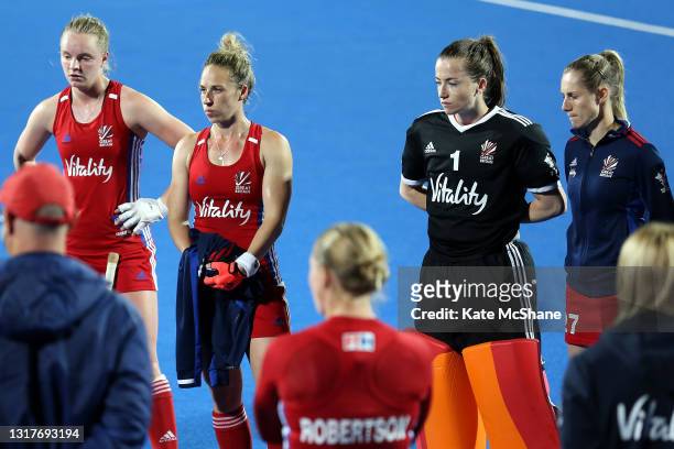 Isabelle Petter, Susannah Townsend, Maddie Hinch and Jo Hunter of Great Britain look dejected following a loss in the FIH Hockey Pro League match...