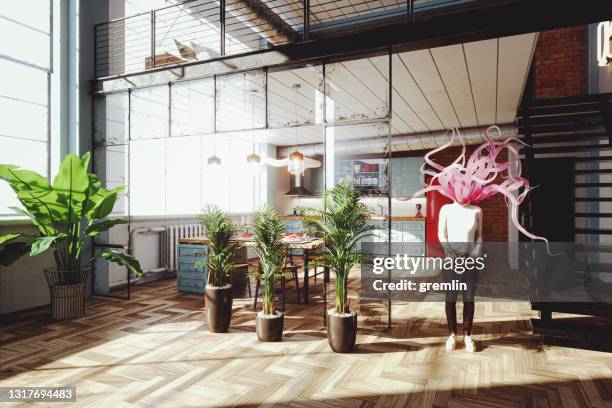 surreal apartment with modern medusa character - conceptual realism stock pictures, royalty-free photos & images