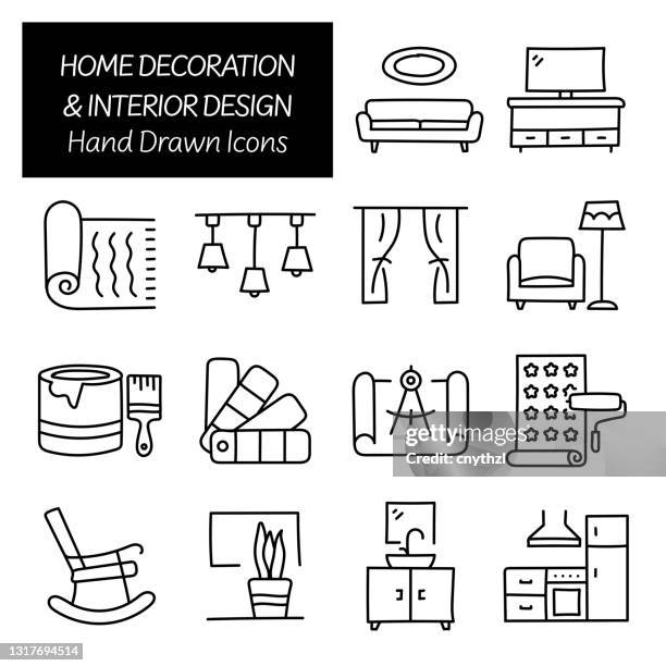 home dekoration und innenarchitektur verwandte handgezeichnete icons, doodle elemente vektor-illustration - innenarchitekt stock-grafiken, -clipart, -cartoons und -symbole