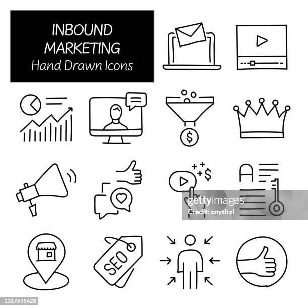 inbound marketing related hand drawn icons, doodle elements vector illustration - local seo stock illustrations