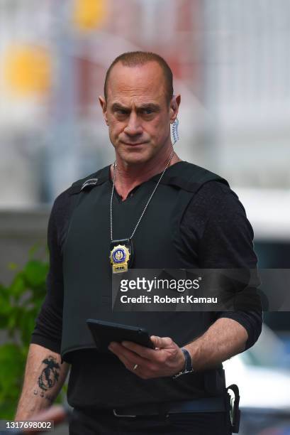 Christopher Meloni seen on the set of "Law and Order: Organized Crime" in Manhattan on May 12, 2021 in New York City.
