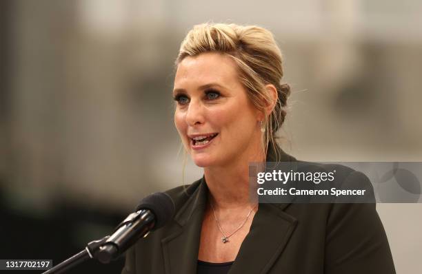 Johanna Griggs speaks during the Australian 2020 Tokyo Olympic Games Swimming Uniform Launch at Sydney Olympic Park Aquatic Centre on May 13, 2021 in...