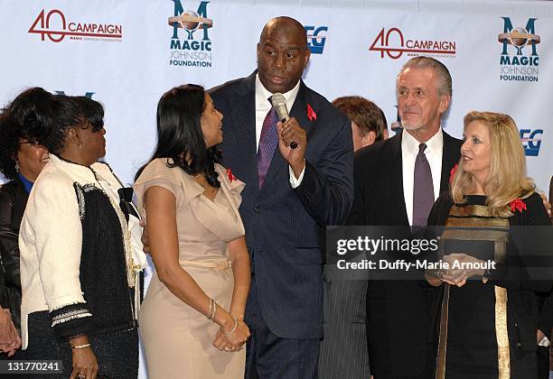 Cookie Johnson, Earvin "Magic" Johnson, Chris Riley and Pat Riley attend 20th Anniversary of Magic Johnson's Retirement and Creation of the Magic...