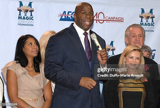 Cookie Johnson, Earvin "Magic" Johnson, Chris Riley and Pat Riley attend 20th Anniversary of Magic Johnson's Retirement and Creation of the Magic...