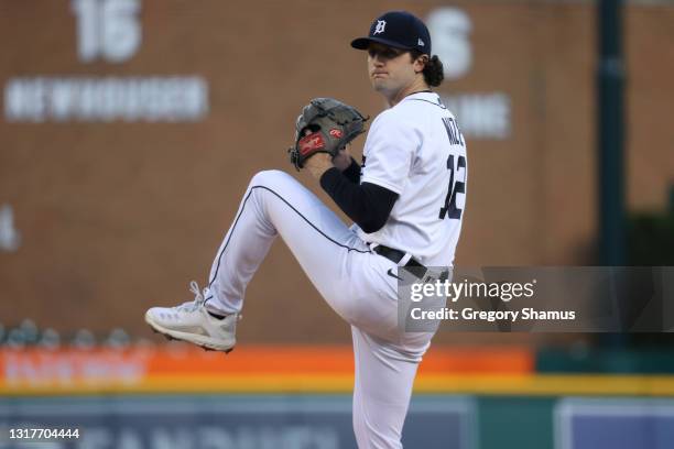 Casey Mize of the Detroit Tigers throws a third inning pitch against the Kansas City Royals at Comerica Park on May 12, 2021 in Detroit, Michigan.