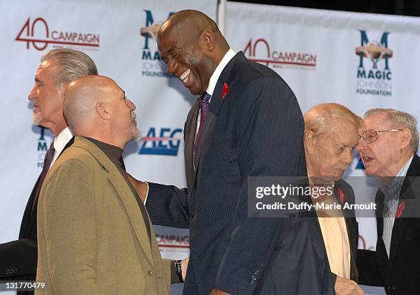 Pat Riley, Gary Vitti, Earvin "Magic" Johnson, Jerry Buss and Bill Sharman attend 20th Anniversary of Magic Johnson's Retirement and Creation of the...