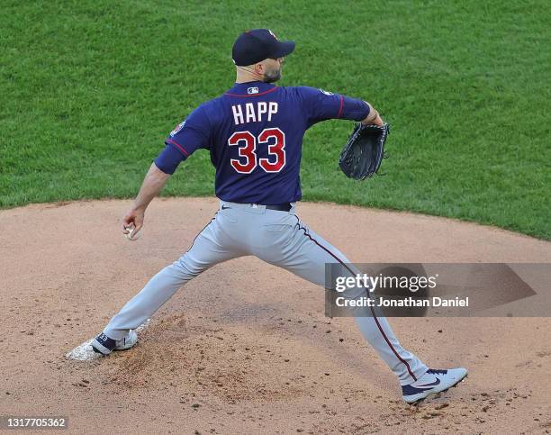 Starting pitcher J.A. Happ of the Minnesota Twins delivers the ball against the Chicago White Sox at Guaranteed Rate Field on May 12, 2021 in...