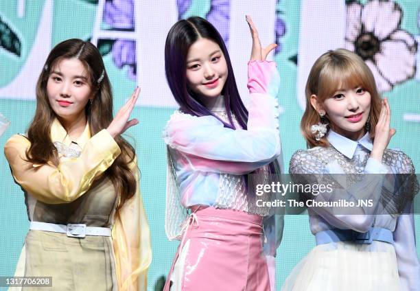 Kwon Eun-Bi, Jang Won-Young, Sakura Miyawaki of Iz*One attend Iz*One's 2nd Mini Album 'Heart Eyes' Showcase at Blue Square on April 01, 2019 in...