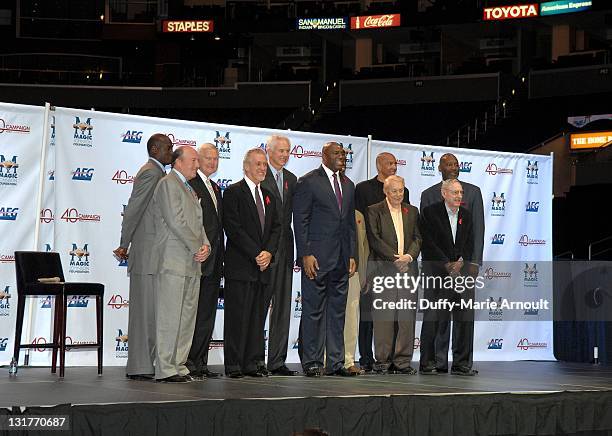 Michael Cooper, Mike Dunleavy, Jerry West, Pat Riley, Mitch Kupchak, Earvin 'Magic' Johnson, A.C. Green, Gary Vitti, Mychal Thompson, Dr. Jerry Buss,...