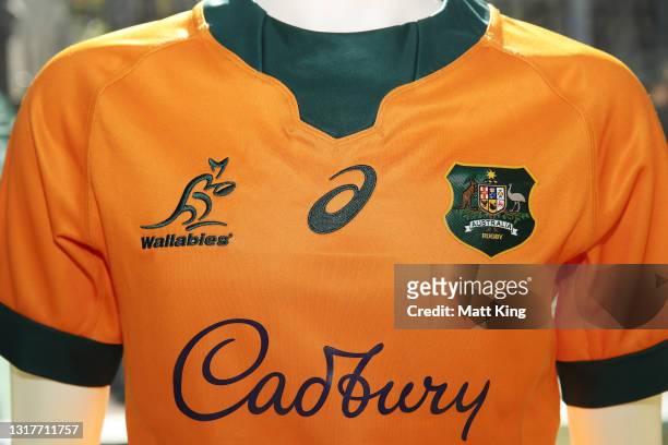 The new Wallabies jersey is seen on display after Cadbury was announced as a major sponsor of the Wallabies and Wallaroos during a Wallabies and...