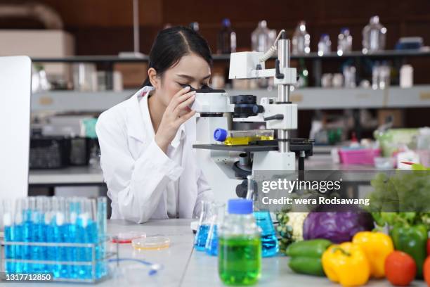 scientist using microscope to analysis contamination in vegetables sample solution - food contamination 個照片及圖片檔