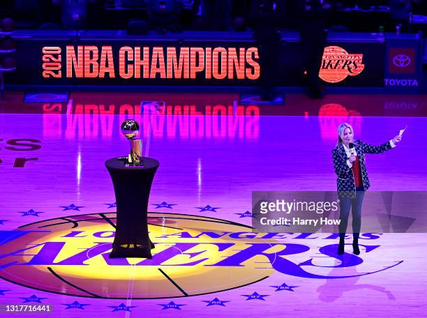 President of the Los Angeles Lakers Jeanie Buss speaks during a banner unveiling ceremony for the Los Angeles Lakers 2020 NBA Championship before the...