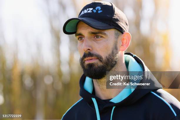 Daryl Mitchell speaks to the media following a New Zealand Blackcaps training session at the New Zealand Cricket High Performance Centre on May 13,...