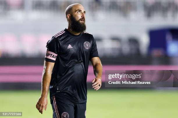 Gonzalo Higuain of Inter Miami CF reacts against CF Montreal during the second half at DRV PNK Stadium on May 12, 2021 in Fort Lauderdale, Florida.