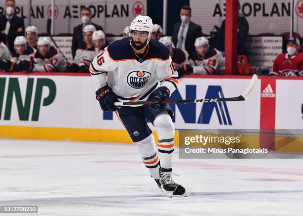 Jujhar Khaira of the Edmonton Oilers skates against the Montreal Canadiens during the first period at the Bell Centre on May 12, 2021 in Montreal,...