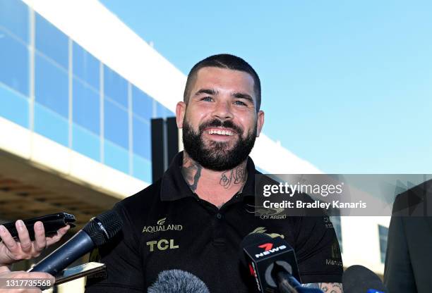 South Sydney Rabbitohs player Adam Reynolds speaks to the media at Brisbane Airport on May 13, 2021 in Brisbane, Australia. Reynolds today announced...