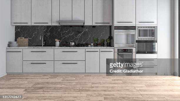 empty modern white kitchen with windows on a side - front view stock pictures, royalty-free photos & images