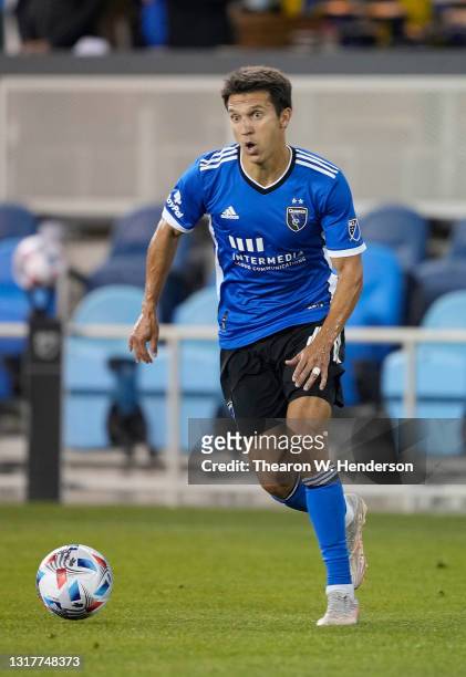 Shea Salinas of San Jose Earthquakes dribble the ball up the field against the Seattle Sounders during the second half at PayPal Park on May 12, 2021...