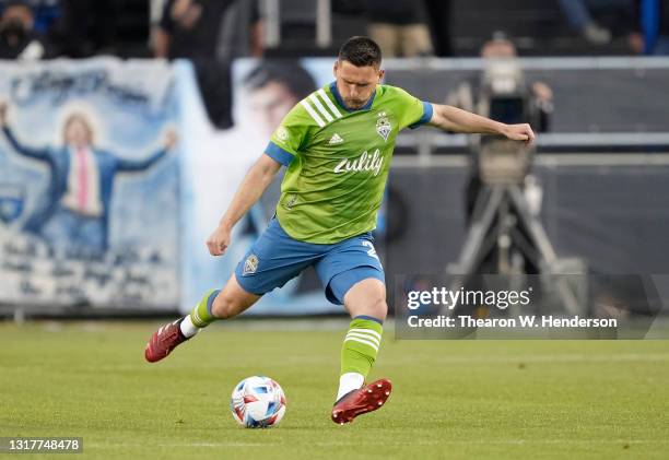 Shane O'Neill of Seattle Sounders passes the ball up field against the San Jose Earthquakes during the first half at PayPal Park on May 12, 2021 in...