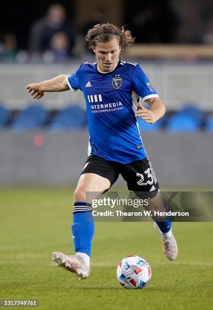 Florian Jungwirth of San Jose Earthquakes dribbles the ball up the field against the Seattle Sounders during the second half at PayPal Park on May...