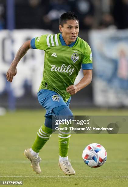 Raul Ruidiaz of Seattle Sounders dribbles the ball up field against the San Jose Earthquakes at PayPal Park on May 12, 2021 in San Jose, California.