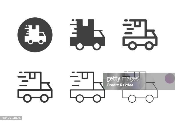 ilustraciones, imágenes clip art, dibujos animados e iconos de stock de iconos de furgonetas de entrega - multi series - camión frigorífico