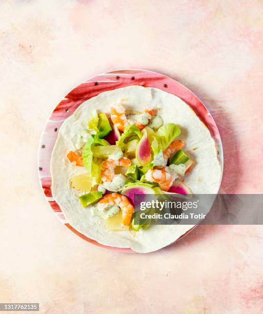 Shrimp Tostada On Peach Background High-Res Stock Photo