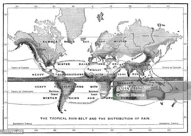 antique illustration from school atlas: rain distribution - weather map stock illustrations