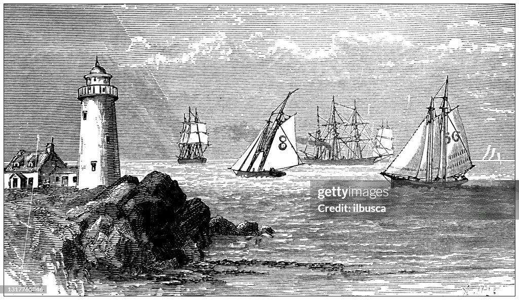 Antique illustration from school atlas: Lighthouse and pilot-boats