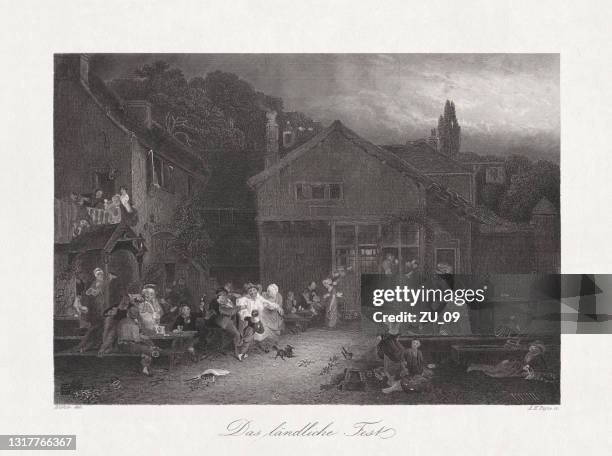 the village holiday by david wilkie, steel engraving, published 1868 - kermis stock illustrations