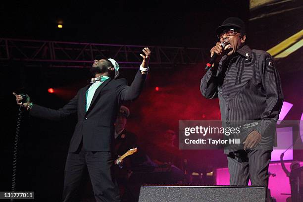 Mos Def and Bobby Womack perform as Gorillaz at Madison Square Garden on October 8, 2010 in New York City.