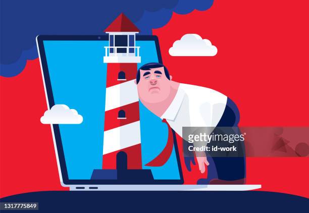 sad businessman leaning on lighthouse with laptop - i miss it stock illustrations