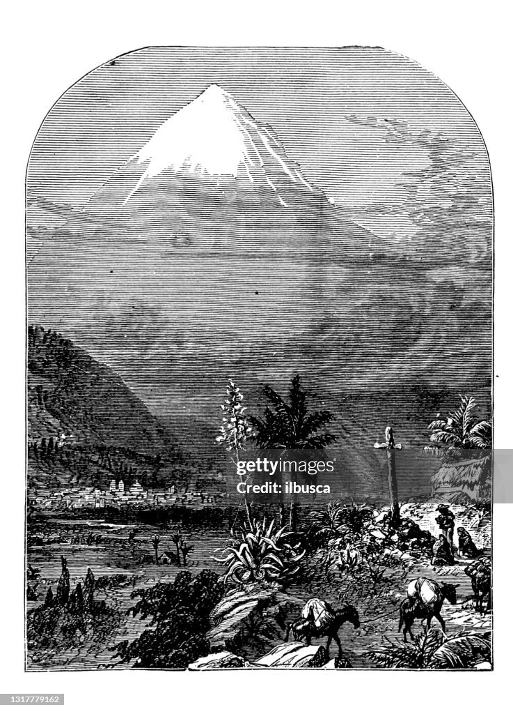 Antique illustration from school atlas: Popocatepetl, Mexico