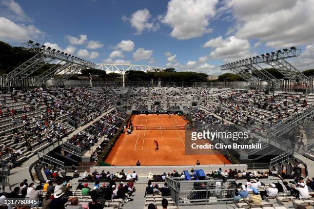General view of Grand Stand arena as Mario Berrettini of Italy plays in their mens singles third round match against Stafanos Tsitsipas of Greece...