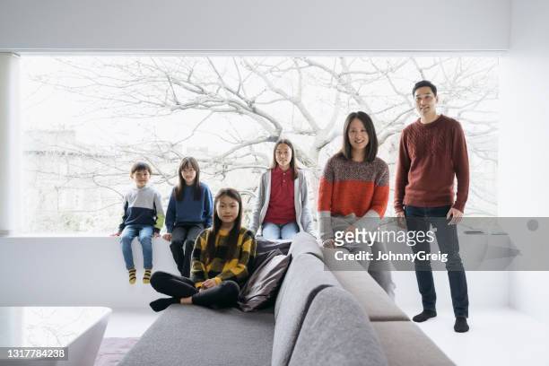 portret van chinese familie van zes in modern huis - groepsfoto 6 personen stockfoto's en -beelden