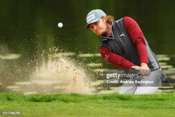 Eddie Pepperell of England plays a bunker shot for his third shot on the ninth hole during the Second Round of The Betfred British Masters hosted by...