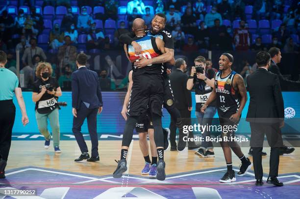 Ken Horton, Omar Cook and Thad McFadden of Hereda San Pablo Burgos celebrating the victory on Finals of Basketball Champions League at Trade Union...