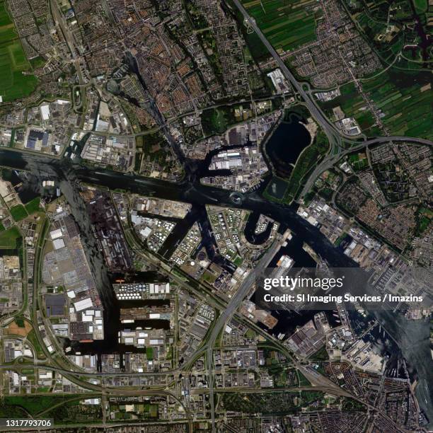 satellite image of amsterdam, netherlands - amsterdam map stock pictures, royalty-free photos & images