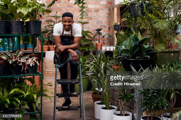 porträtt av en självsäker ung man som arbetar i ett trädgårdscenter - garden centre bildbanksfoton och bilder