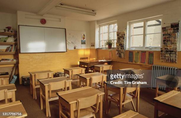 Interior view of a classroom at Ludgrove School, an independent preparatory boarding school in Wokingham, Berkshire, England, 18th November 1989....