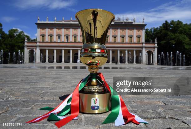 The Coppa Italia is pictured during a press conference to present the Coppa Italia Final between Atalanta BC and Juventus at Sala del Tricolore on...