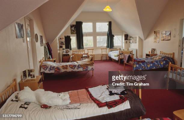 Interior view of a dormitory at Ludgrove School, an independent preparatory boarding school in Wokingham, Berkshire, England, 18th November 1989....