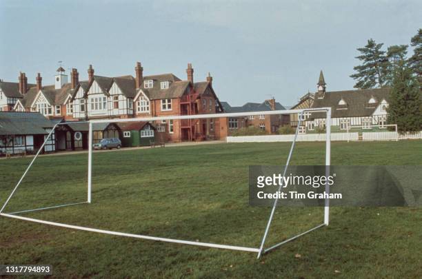 Goals on the sportsfield at Ludgrove School, an independent preparatory boarding school in Wokingham, Berkshire, England, 18th November 1989. Notable...