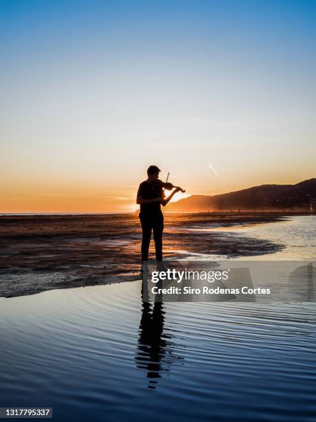 backlit of boy playing violin on the beach at sunset - classical music stock pictures, royalty-free photos & images