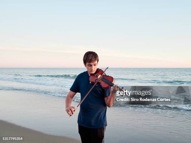 teenager playing violin on the beach at sunset - concierto de música clásica fotografías e imágenes de stock