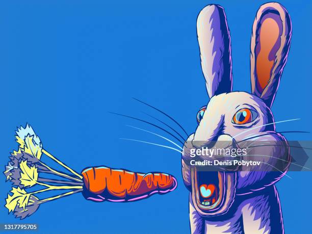 stockillustraties, clipart, cartoons en iconen met grappige beeldverhaalbannerillustratie - konijn of haas die wortel eten. - easter fantasy