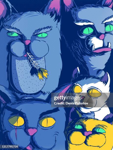 funny cartoon illustration - brutal cats. - fish painting stock illustrations